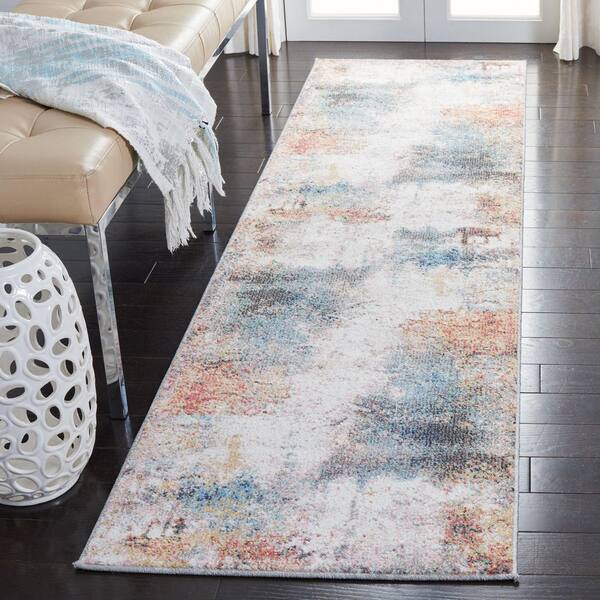 Phoenix 2 ft. x 8 ft. Ivory/Blue Watercolor Distressed Runner Rug