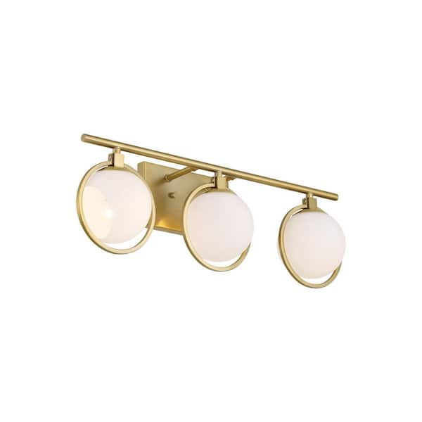 Designers Fountain - Teatro 23.75 in. 3-Light Brushed Gold Modern Vanity Light with Etched Opal Glass Shades and Accent Rings