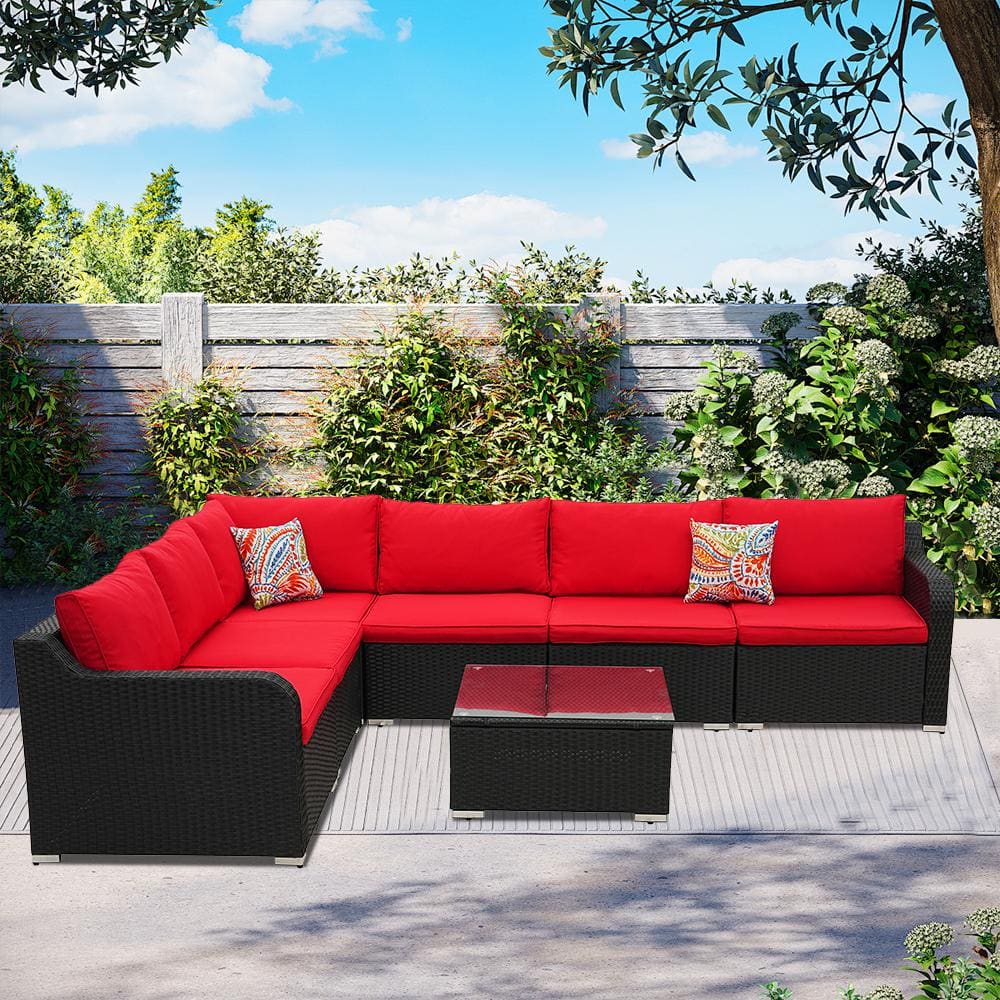 7-Piece Dark Brown Rattan Wicker Outdoor Patio Sectional Sofa Set with Red 