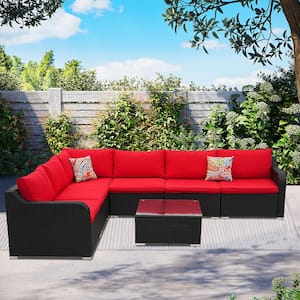 7-Piece Dark Brown Rattan Wicker Outdoor Patio Sectional Sofa Set with Red Cushions and 2 Pillows