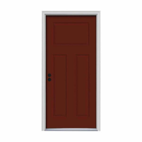 JELD-WEN 30 in. x 80 in. 3-Panel Craftsman Mesa Red Painted Steel Prehung Right-Hand Inswing Front Door w/Brickmould