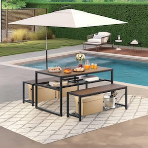 Natural Rectangle Plastic Wood Picnic Table Dining Table Set with 2 Bench Seats and Umbrella Hole Patented