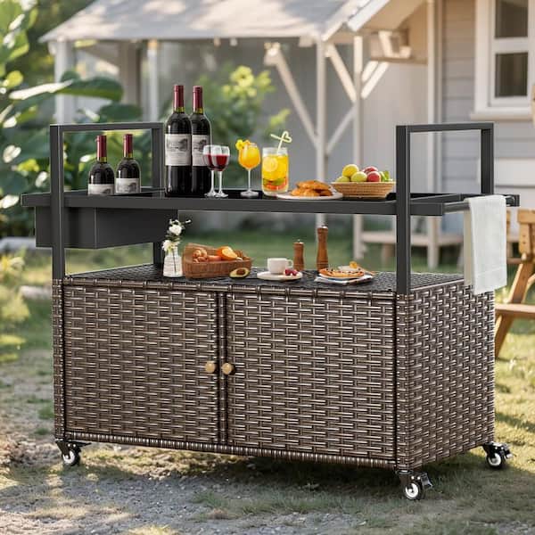 42 in. W x 18 in. D x 36 in. H Brown Wicker Patio Outdoor Storage Cabinet Outdoor Buffet Cabinet Porch Storage