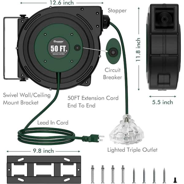 50 ft. 14AWG/3C, 13 Amp Retractable Extension Cord Reel with 3 Grounded Outlet, Wall or Ceiling Mountable, Green