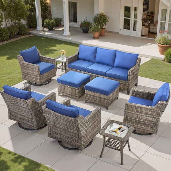 Hort Gray 9-Piece Outdoor Lawn Furniture Set Patio Conversation Sets with Blue Cushions and Swivel Glider Rocking Chairs