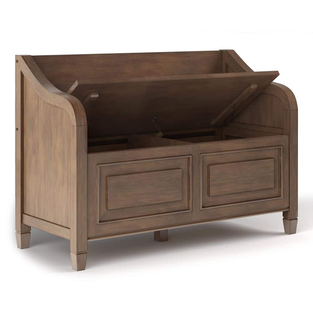 Rustic Natural Aged Brown Pine Storage Bench with Cut Out Design