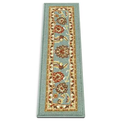 Kings Court Tabriz Blue Traditional Oriental Rubber Back Non-Skid 9 in. x 31 in. Stair Tread Cover (Set of 7)