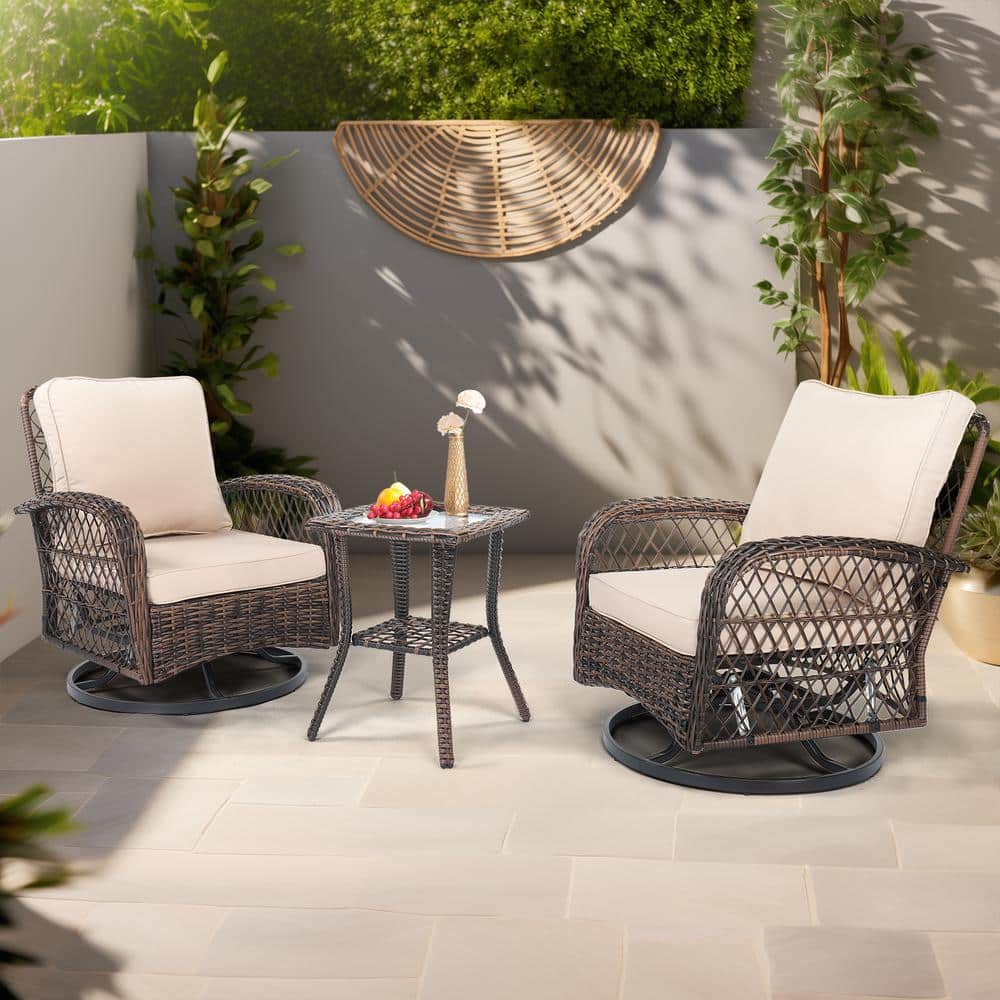 Brown Gradient Wicker Patio Bistro Set with Cushions and Glass Table