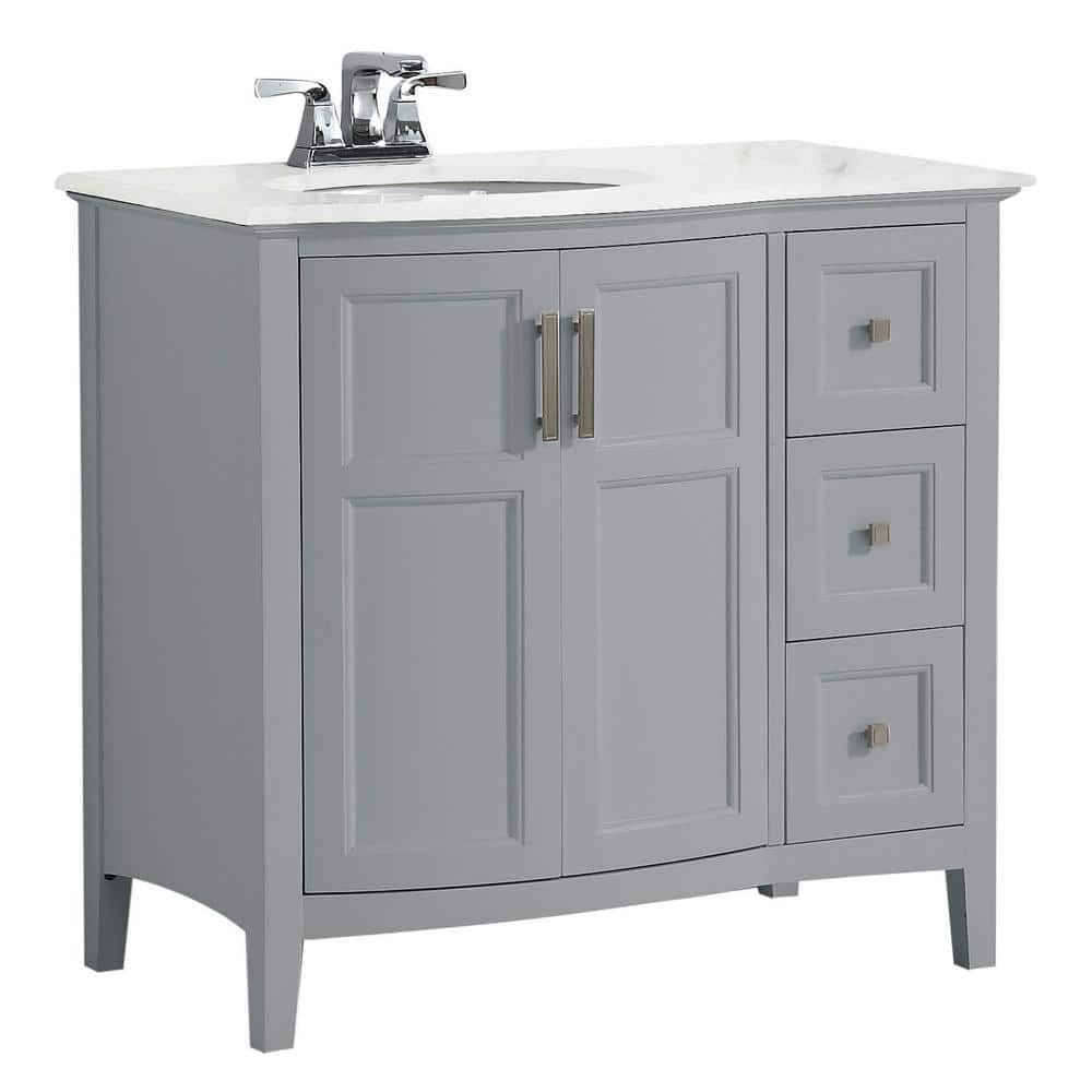 Simpli Home Winston 36 In Rounded Front Bath Vanity In Warm Grey With Marble Extra Thick Vanity Top In Bombay White With Basin Axcvwnrg 36 The Home Depot