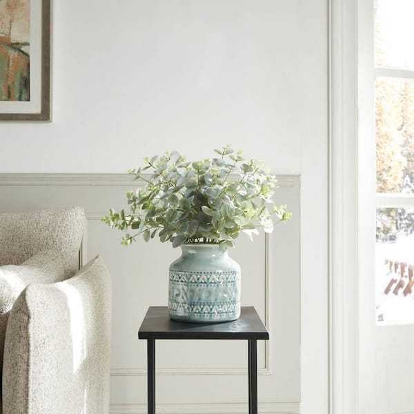 Unbranded Dusty Blue 18 in. Green Artificial Eucalyptus in Crackle Glaze Ceramic Pot