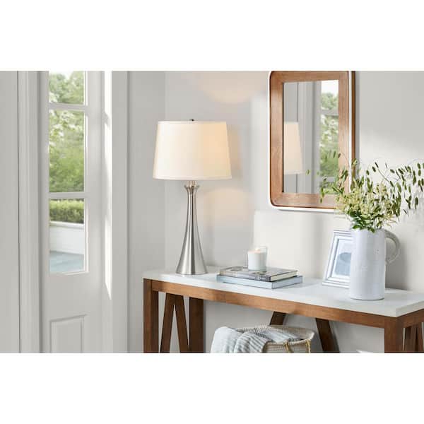 Hampton Bay Turner 27.5 in. 1-Light Brushed Nickel Table Lamp with Fabric Drum Shade