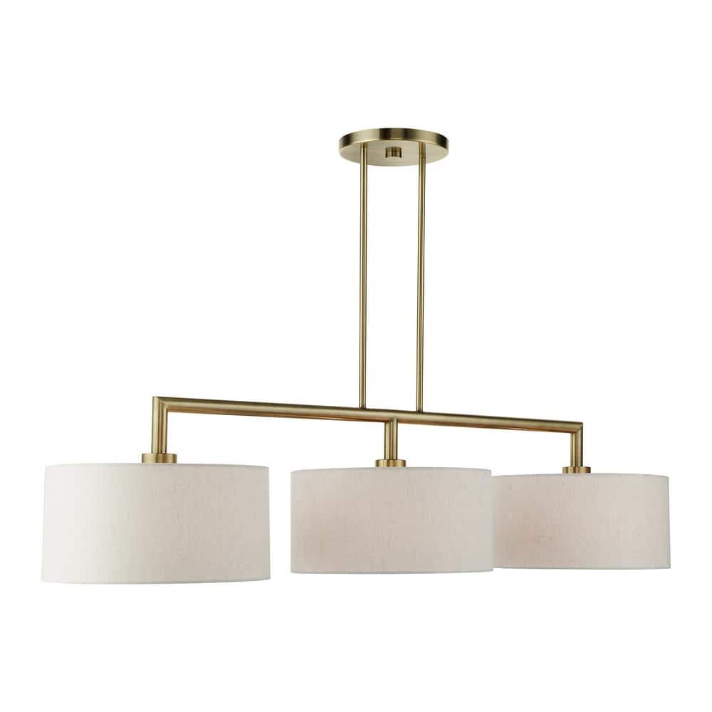 Meridian Antique Brass 3-Light Linear Chandelier with Oatmeal Shades