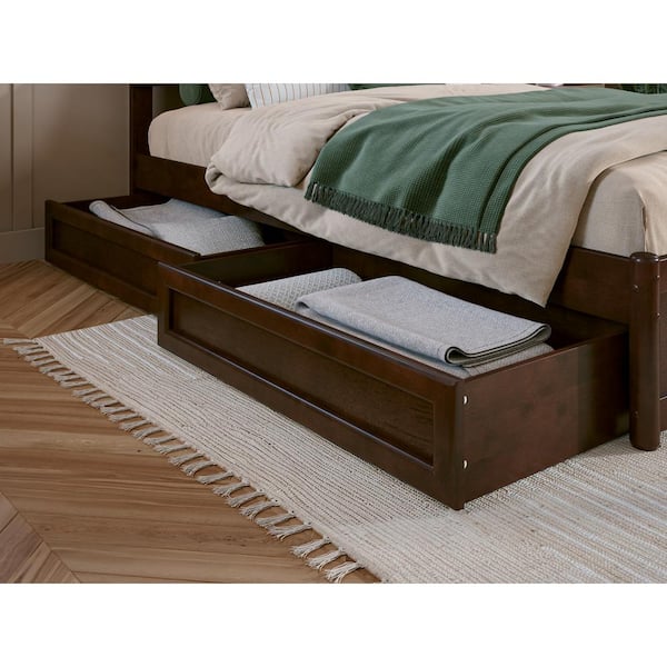 AFI Walnut Brown Mid-Century Modern Solid Wood Twin-Full Under Bed Storage Drawers