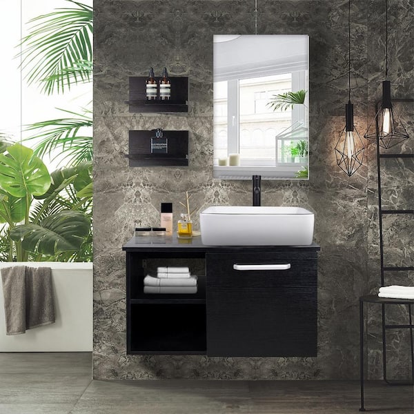 28 in. W x 19 in. D x 16 in. H Single Sink Black Bath Vanity with White Rectangular Solid Surface Top Sink and Mirror