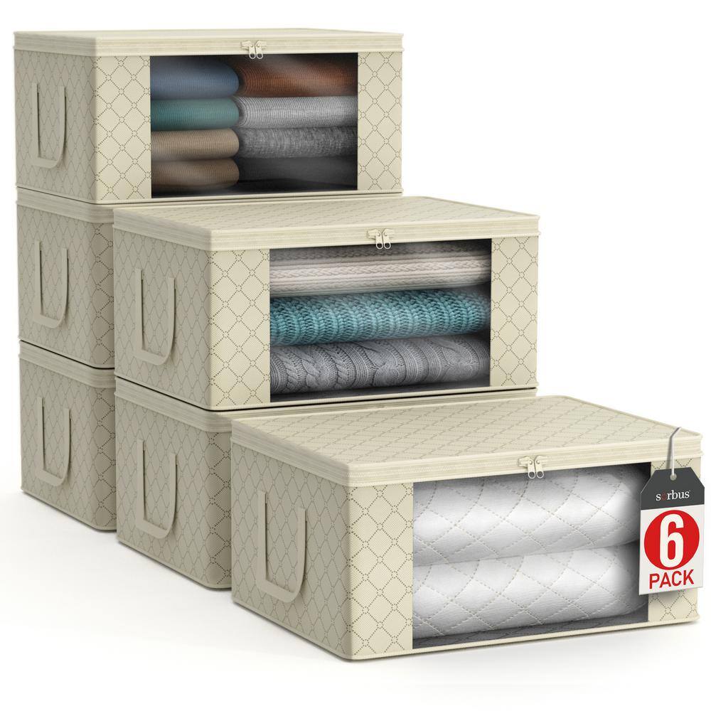 Foldable Storage Bag Organizers with Clear Window and Handles, Beige 19 in. x 7.5 in. Fabric Decorative Box Set of 6