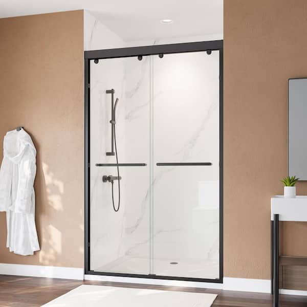 44 to 48 in. W x 76 in. H Double Sliding Framed Shower Door in Matte Black Finish with Clear Glass
