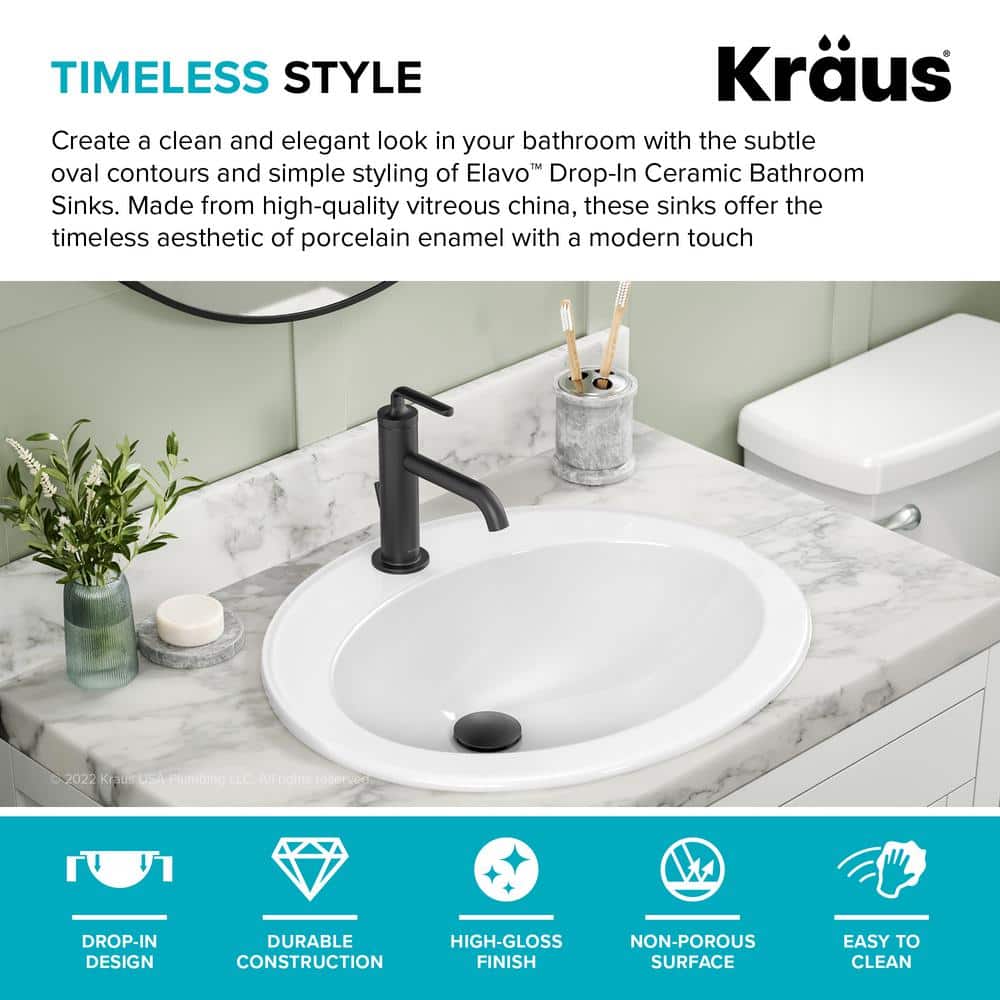 Elavo 22" White Ceramic Oval Drop-In Bathroom Sink
