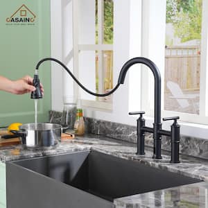 Double Handle Pull-Out Sprayer Bridge Kitchen Faucet with Infrared Sensor in Matte Black