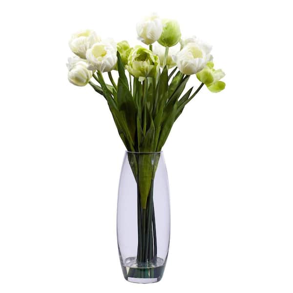 20" Tall. White & Green White Spring Blossom Flower Bush Silk/PVC Artificial 