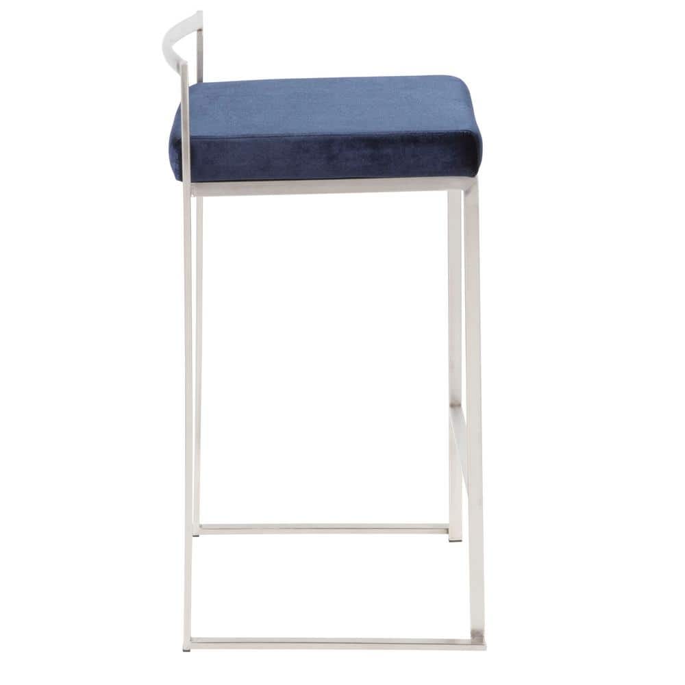 Sleek Stainless Steel Counter Stool with Blue Velvet Cushion - Set of 2