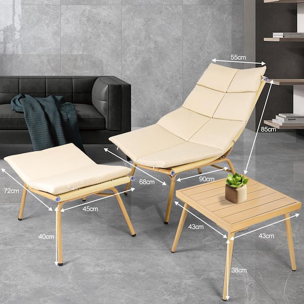 BANSA ROSE 3-Piece Metal Outdoor Chaise Lounge with Table, Pedal and Brown Cushions, Wood-Color Alloy Frame 380 lbs. Capacity