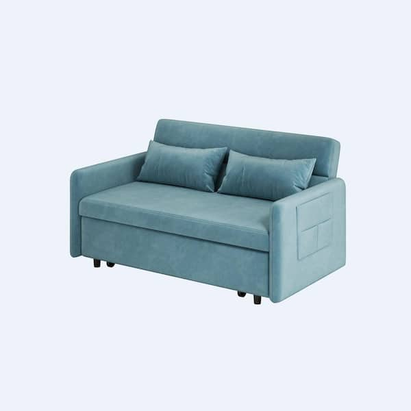 Z joyee 54 in. Light Blue Velvet Twin Size Sofa Bed with 2 Pillows