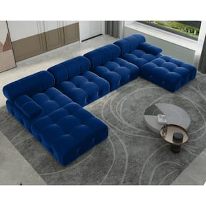 138.6 in. Square Arm Velvet 6-Piece U Shaped Modular Sectional Sofa with Ottoman in Blue