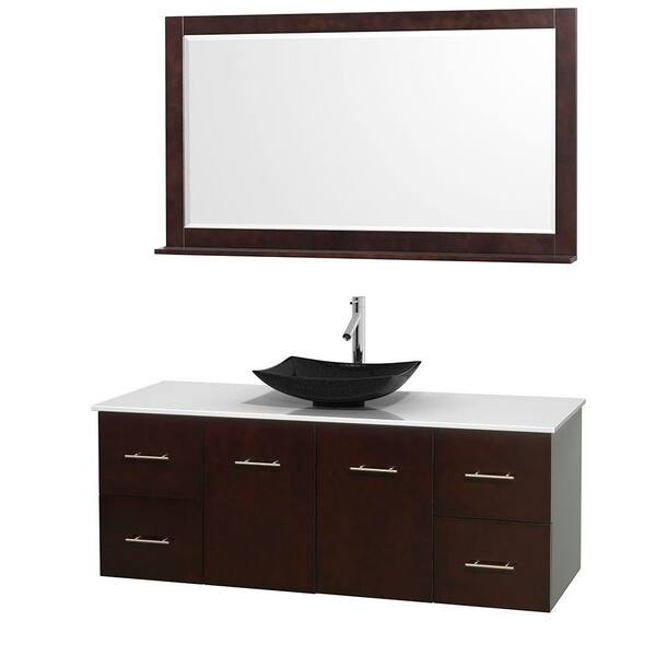 Wyndham Collection Centra 60 in. Vanity in Espresso with Solid-Surface Vanity Top in White, Black Granite Sink and 58 in. Mirror