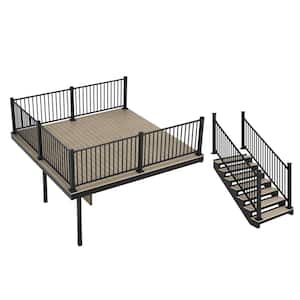 Apex Attached 12 ft. x 12 ft. Artic Birch PVC Deck Kit and 7-Step Stair Kit with Steel Framing and Aluminum Railing