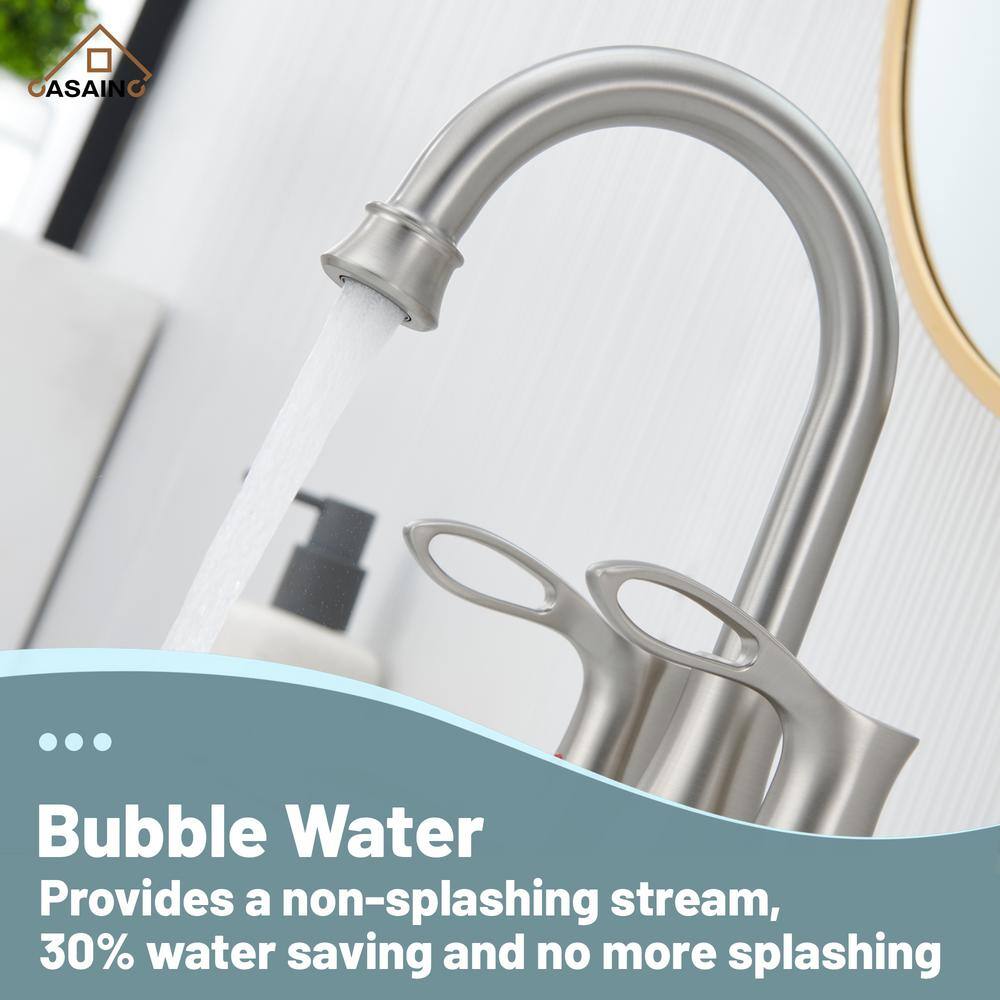 Brushed Nickel Dual Handle High Arc Bathroom Faucet with Metal Drain