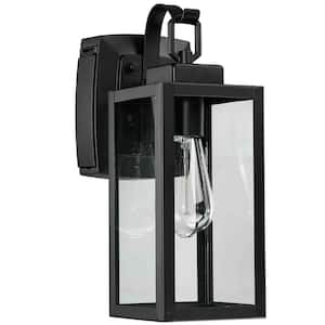 1-Light Matte Black Light Outdoor Wall Lantern Sconce with Clear Glass and Built-In GFCI Outlets