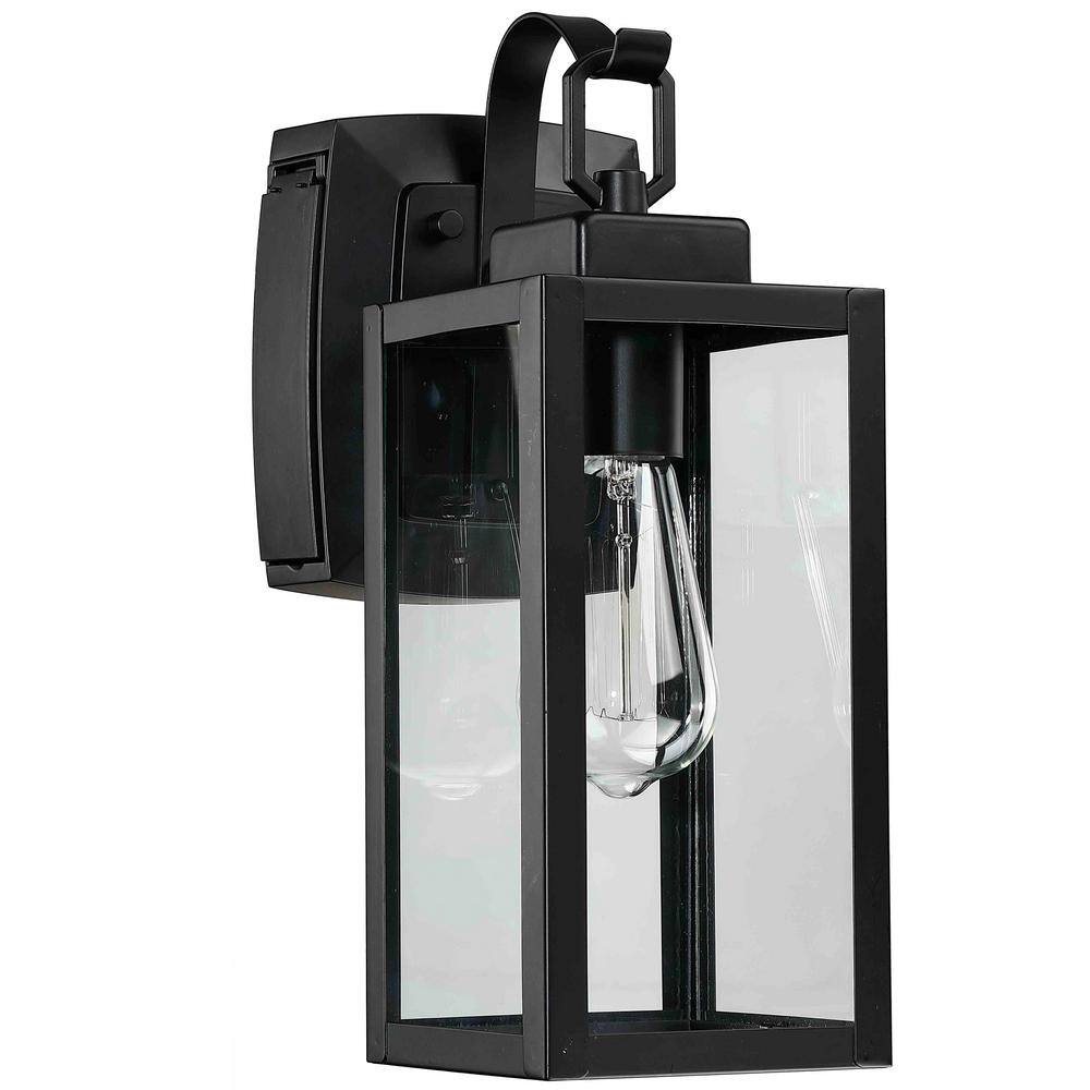 Matte Black Outdoor Lantern Sconce with Clear Glass and GFCI Outlets