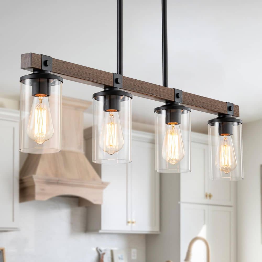 36.2 in. 4-Light Faux Wood Finish and Black Chandelier with Clear Glass Shades for Kitchen Island, Dining Room price history on PriceWatchPro