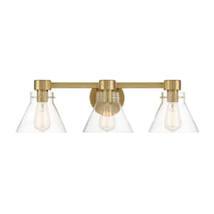 Willow Creek 25 in. 3-Light Brushed Gold Contemporary Vanity with Clear Blown Glass Shades