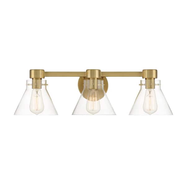 Designers Fountain Willow Creek 25 in. 3-Light Brushed Gold Contemporary Vanity with Clear Blown Glass Shades