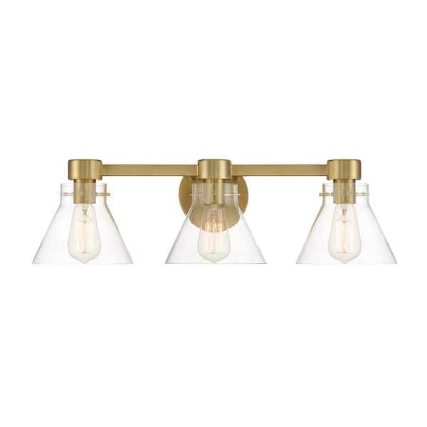 Willow Creek 25 in. 3-Light Brushed Gold Contemporary Vanity Light with Clear Blown Glass Shades