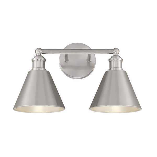 Savoy House 17 in. W x 10 in. H 2-Light Brushed Nickel Bathroom Vanity Light with Metal Shades