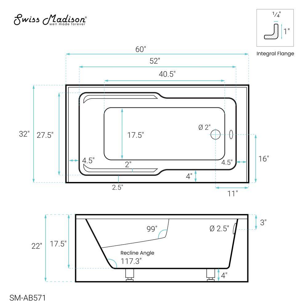 Claire 60" White Acrylic Alcove Tub with Corner Apron