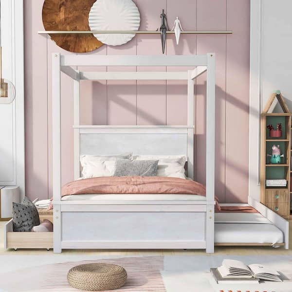 White Wood Frame Full Size Platform Bed with Trundle Bed and 2 Drawers