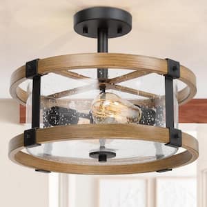 Drum Semi Flush Mount 2-Light Black Modern Bedroom Ceiling Lighting with Round Seedy Glass and Wood Grain Finish