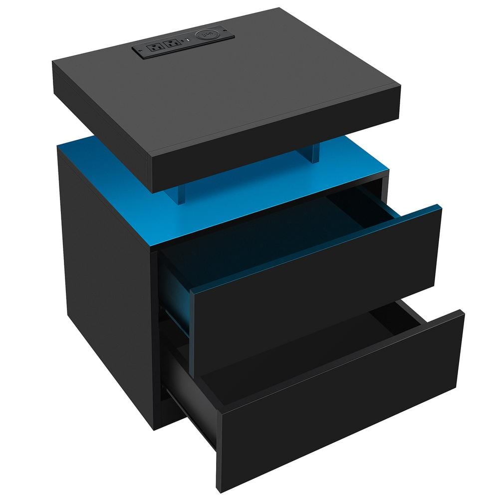 Modern Black 2-Drawer Nightstand with Wireless Charging and LED Light