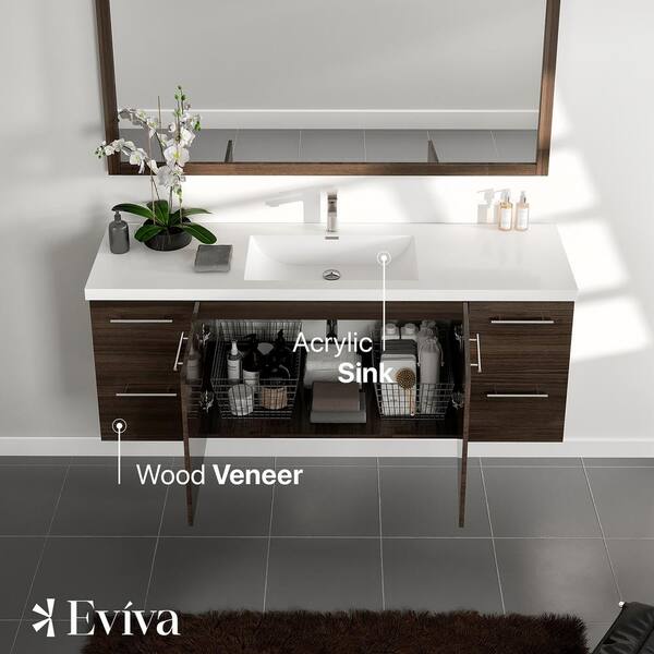 Eviva Luxurious 60 in. W x 22 in. D x 26 in. H Floating Bath Vanity in Gray Oak with White Tempered Glass Top