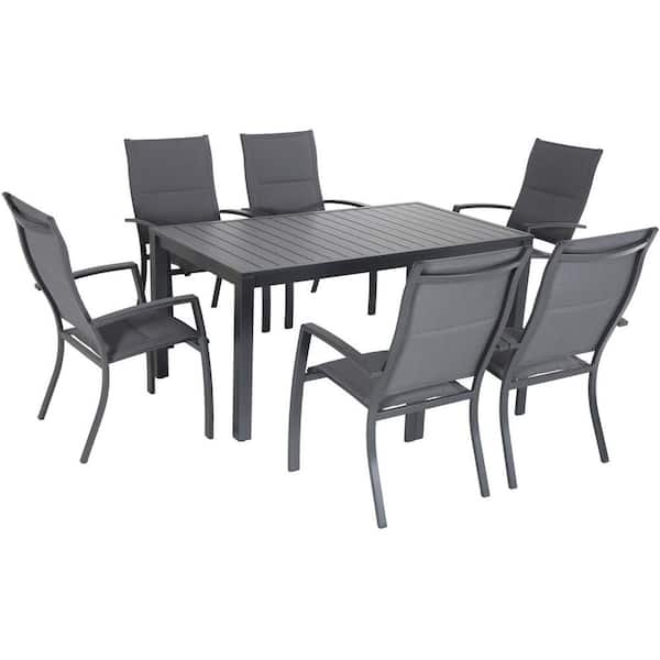 Hanover Naples 7-Piece Aluminum Outdoor Dining Set with 6 Padded Sling Chairs and a 63 in. x 35 in. Dining Table