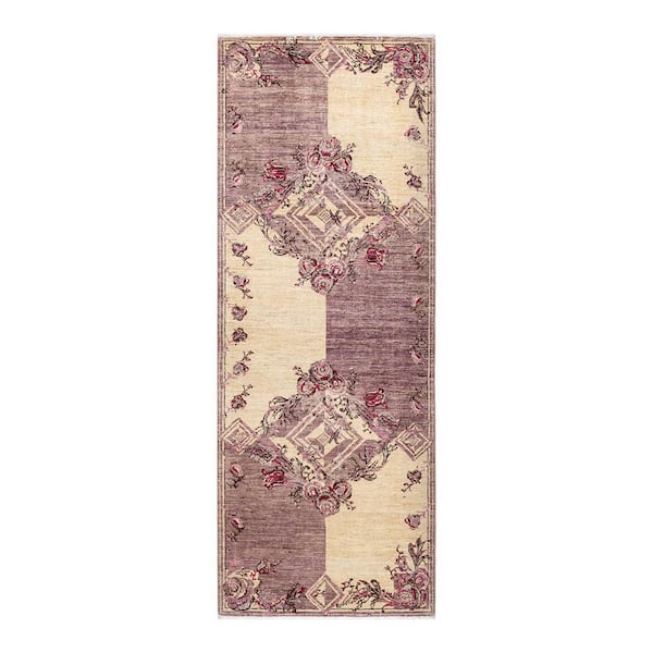Solo Rugs Eclectic One-of-a-Kind Contemporary Purple 3 ft. 2 in. x 8 ft. 5 in. Floral Area Rug