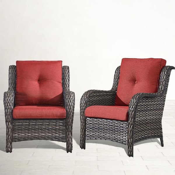 ArcoBay Metal and Gray Wicker Outdoor Lounge Chair with Olefin Red Cushions (2-Pack)
