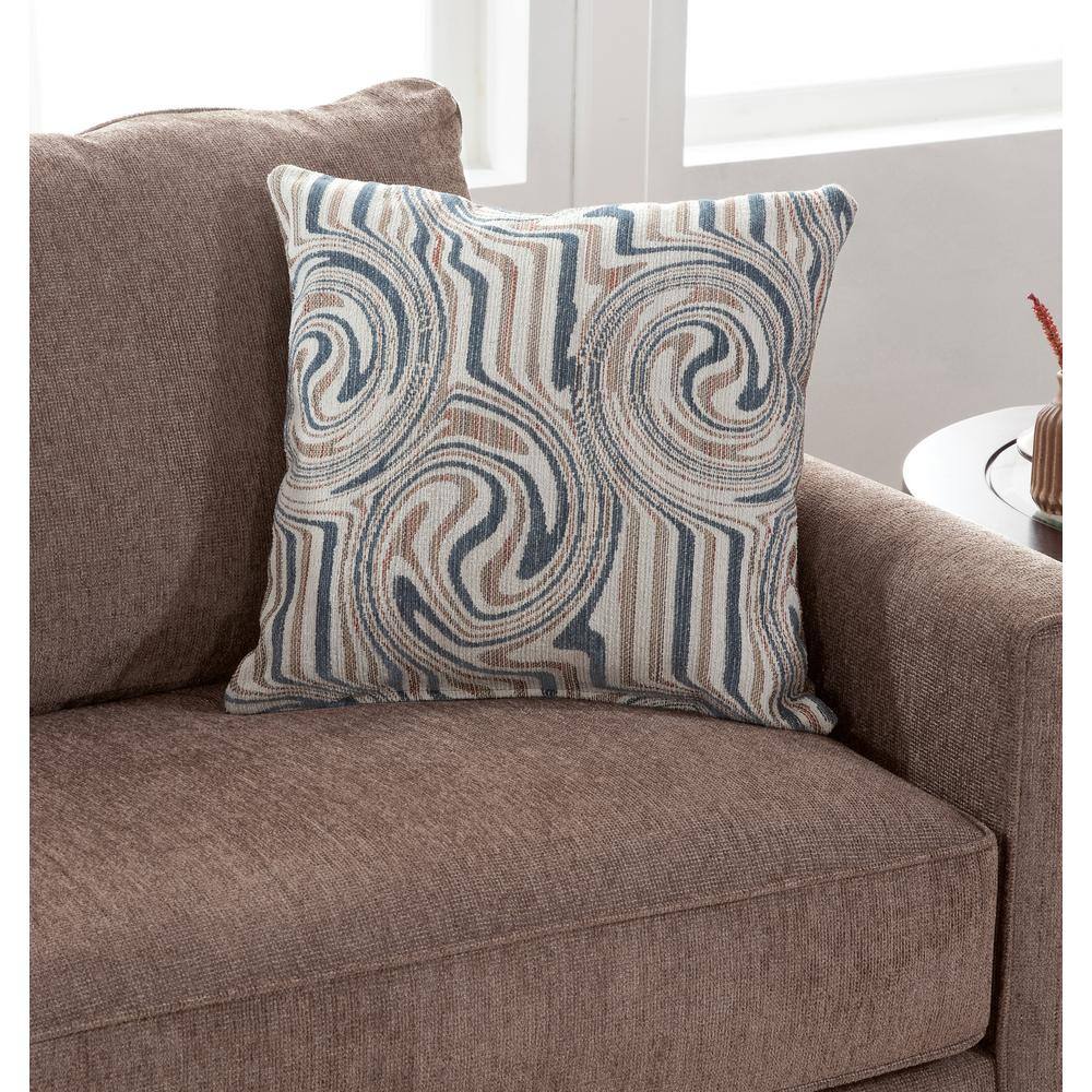 Latte Brown Chenille Sofa with Swirl Accent Pillows