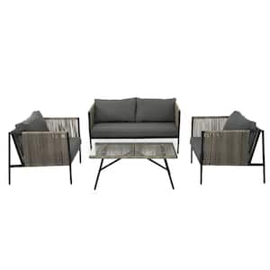 4-Piece Rope Black Metal Outdoor Patio Furniture Conversation Sectional Set Toughened Glass Table with Gray Cushions