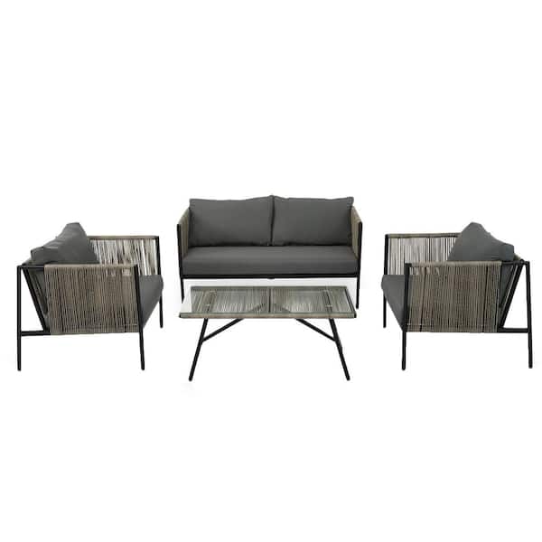 Runesay 4-Piece Rope Black Metal Outdoor Patio Furniture Conversation Sectional Set Toughened Glass Table with Gray Cushions
