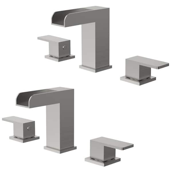 EVERSTEIN Waterfall Open Spout 8 in. Widespread 2-Handle Bathroom Sink Faucet in Spot Resist Brushed Nickel Drain Included(2-Pack)