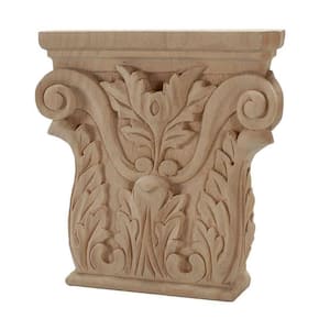 6-1/4 in. x 6-1/8 in. x 1-1/4 in. Unfinished Hand Carved Solid American Alder Acanthus Wood Onlay Capital Wood Applique